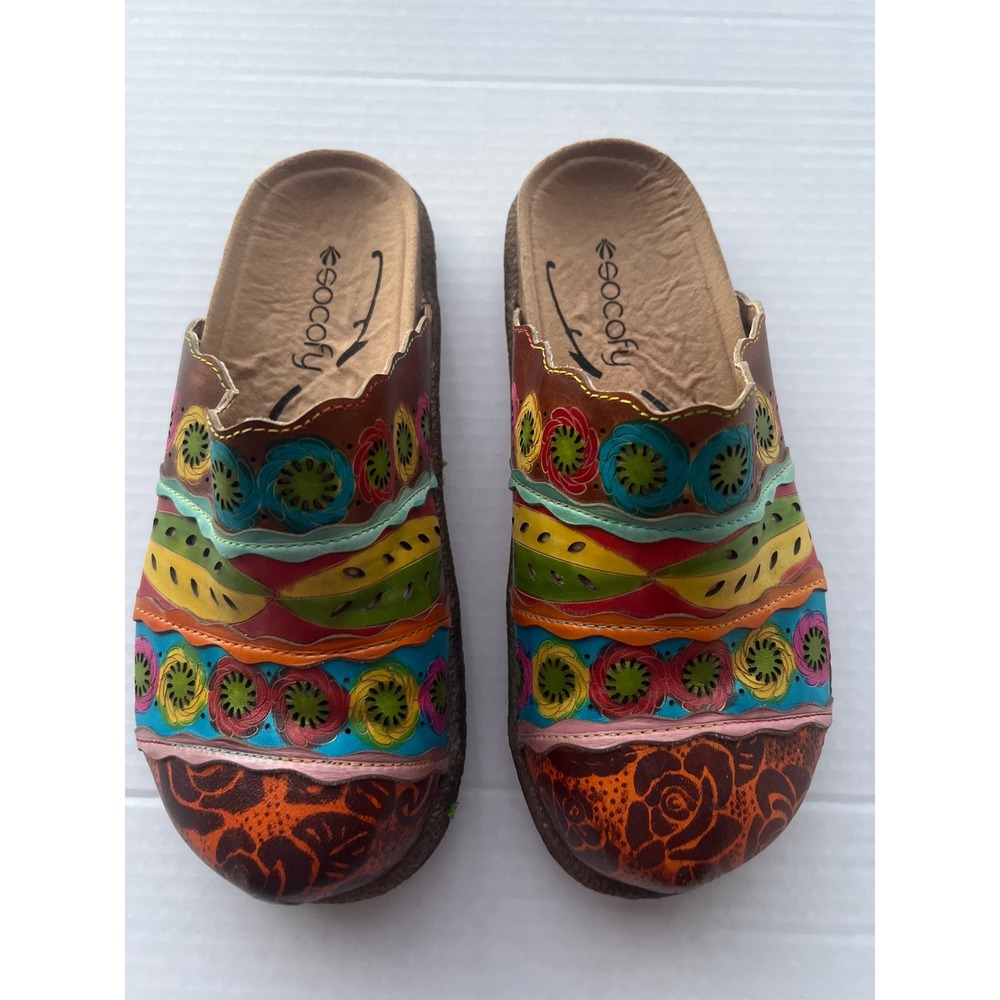 Socofy Womens Leather Mules Bohemian Floral Slip On Clogs Multi Color Size 37